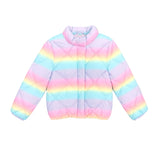 A pastel rainbow striped quilted puffer jacket with a stand-up collar, laid flat on a white background.