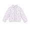 A light pink quilted puffer jacket with a small light blue floral pattern, shown flat against a solid white background.