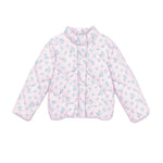 A light pink quilted puffer jacket with a small light blue floral pattern, shown flat against a solid white background.