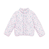 A light pink quilted puffer jacket with a small light blue floral pattern, shown flat against a solid white background.
