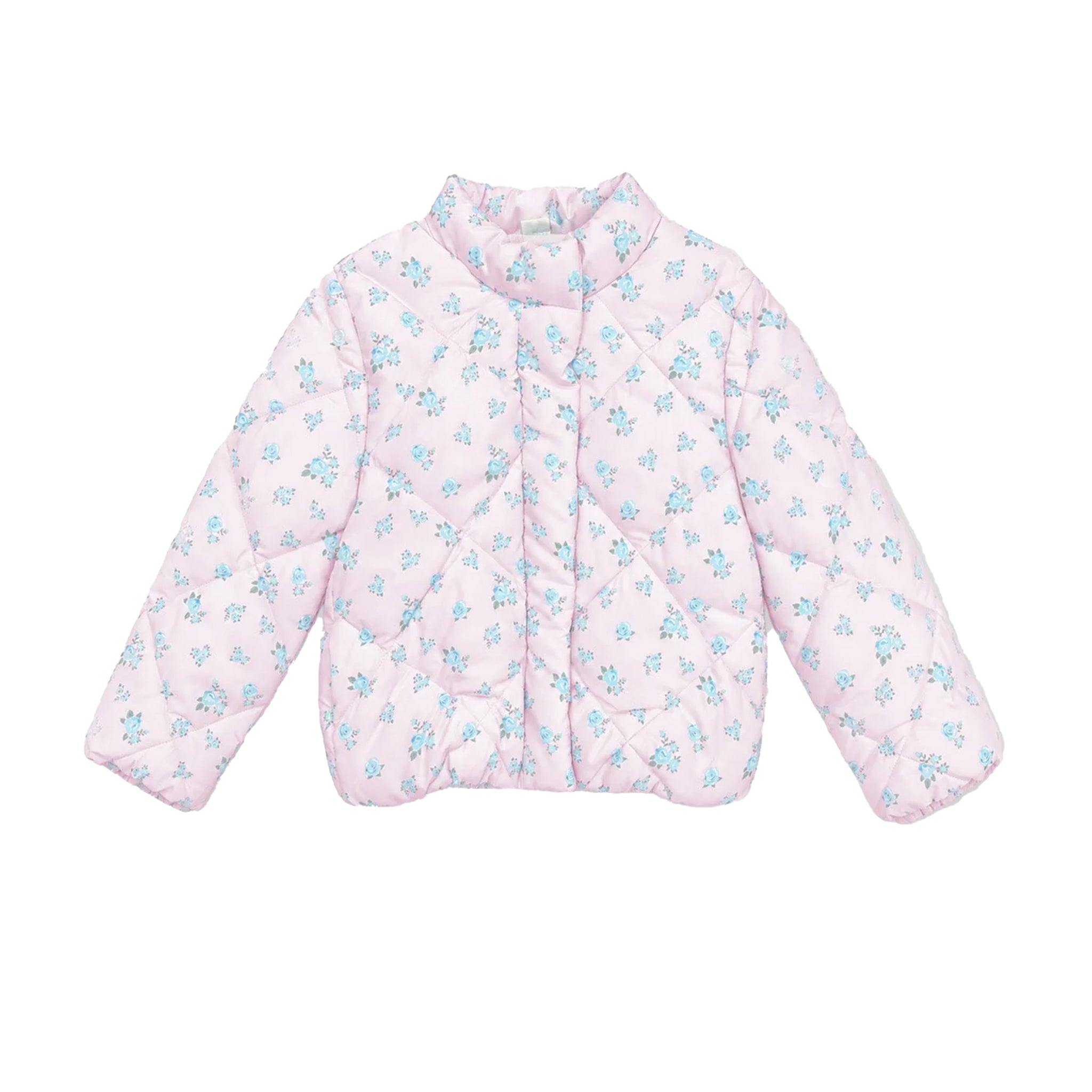 A light pink quilted puffer jacket with a small light blue floral pattern, shown flat against a solid white background.