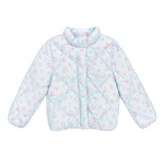 A light blue quilted jacket with a pink floral pattern, featuring a mock neck collar and button closure, shown against a plain white background.