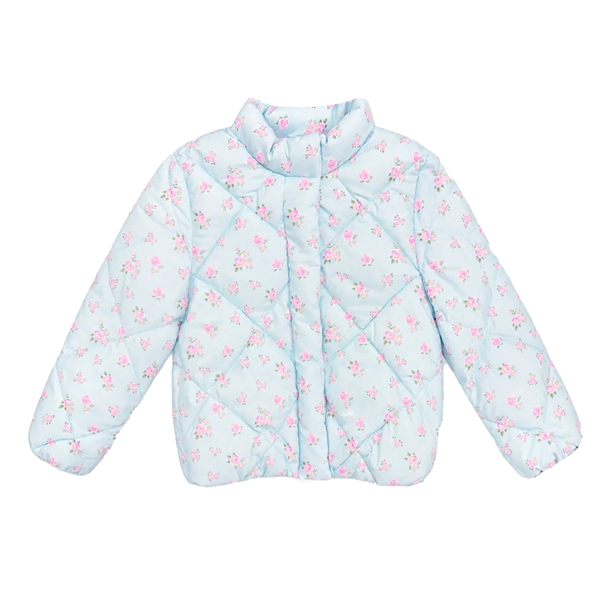 A light blue quilted jacket with a pink floral pattern, featuring a mock neck collar and button closure, shown against a plain white background.
