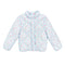A light blue quilted jacket with a pink floral pattern, featuring a mock neck collar and button closure, shown against a plain white background.