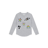 A light heather gray long-sleeve t-shirt for kids, featuring colorful graphic prints including a rainbow, a star, two hearts, a heart with a rainbow, and the word 'LOVE' on the front.