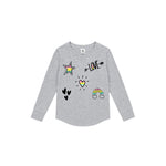 A light heather gray long-sleeve t-shirt for kids, featuring colorful graphic prints including a rainbow, a star, two hearts, a heart with a rainbow, and the word 'LOVE' on the front.