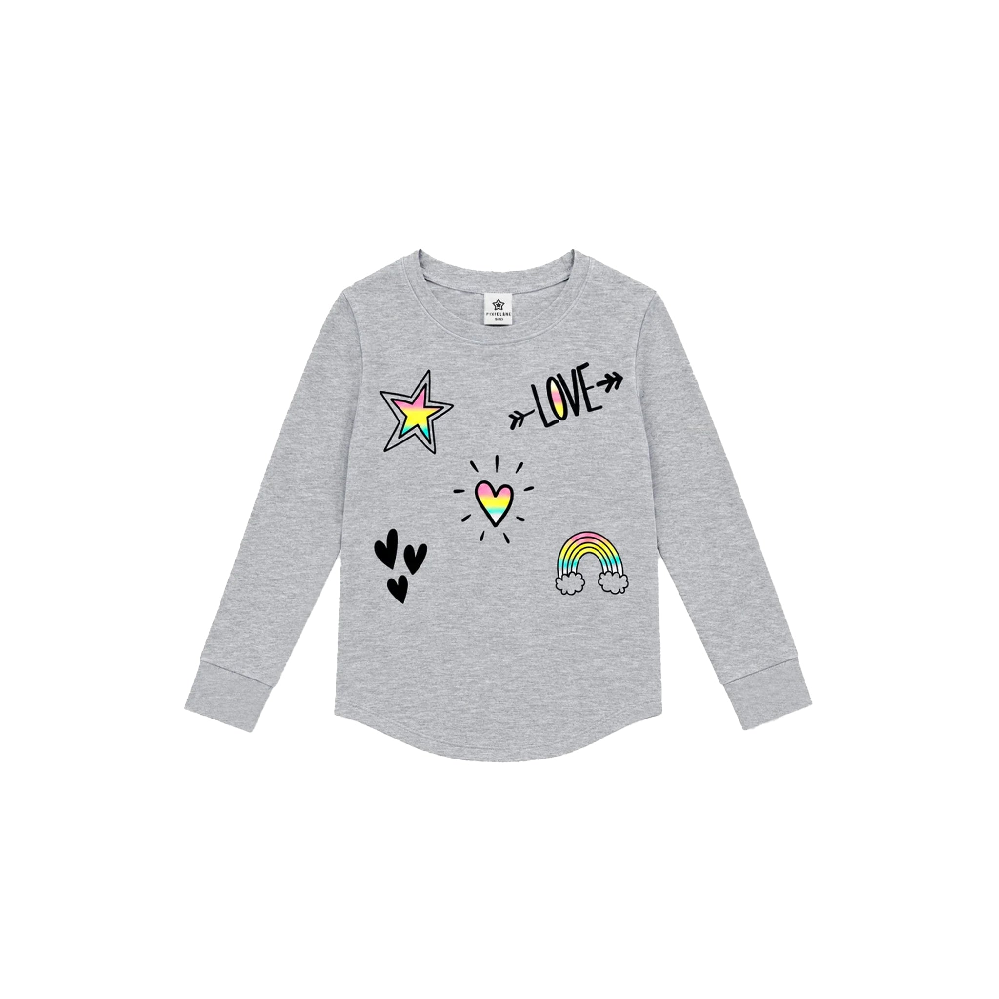 A light heather gray long-sleeve t-shirt for kids, featuring colorful graphic prints including a rainbow, a star, two hearts, a heart with a rainbow, and the word 'LOVE' on the front.