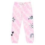 Pink and white tie-dye jogger sweatpants with a white drawstring waist and dark teal graphic prints of hearts, stars, an arrow, a rainbow, and the word 'LOVE'.
