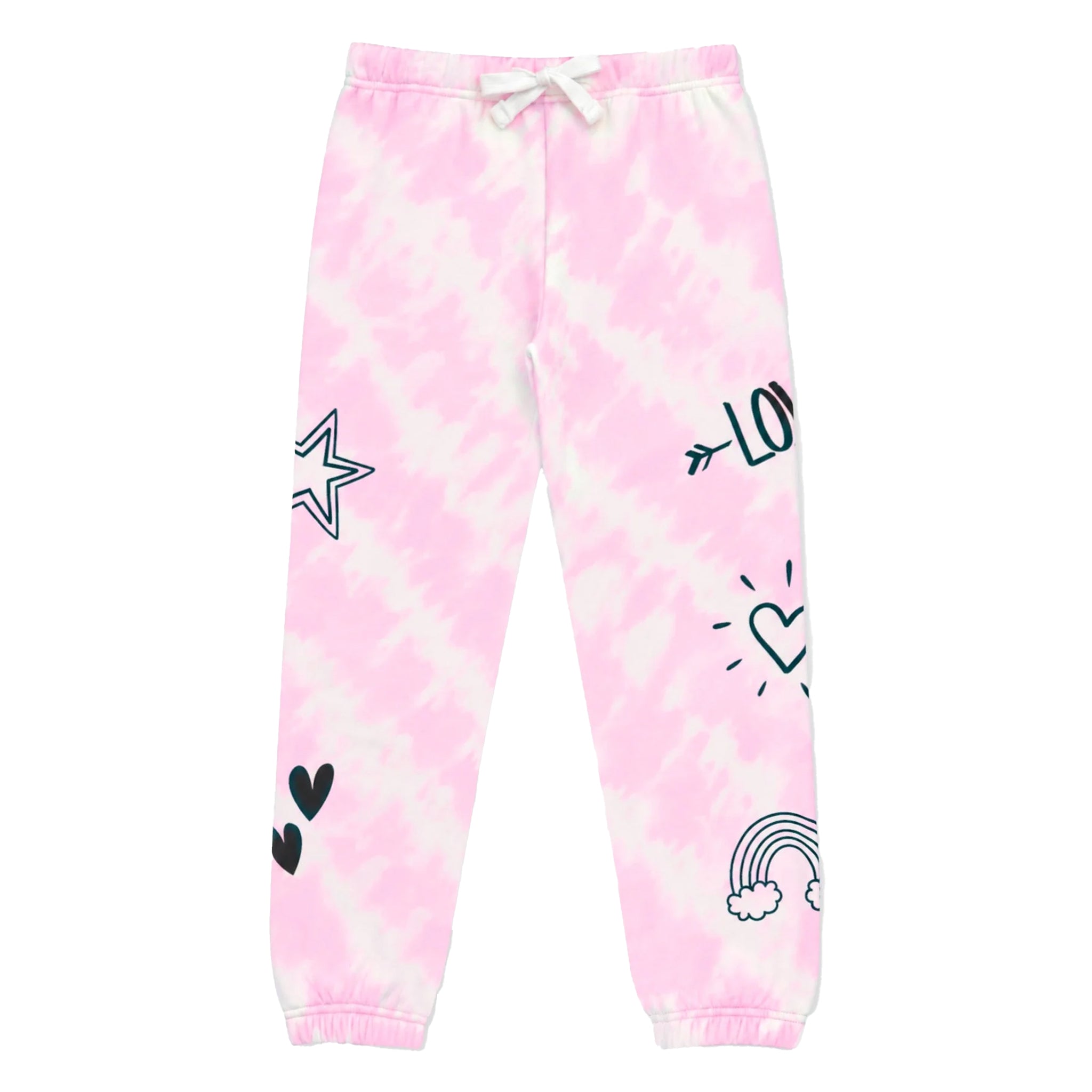 Pink and white tie-dye jogger sweatpants with a white drawstring waist and dark teal graphic prints of hearts, stars, an arrow, a rainbow, and the word 'LOVE'.
