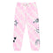 Pink and white tie-dye jogger sweatpants with a white drawstring waist and dark teal graphic prints of hearts, stars, an arrow, a rainbow, and the word 'LOVE'.
