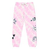 Pink and white tie-dye jogger sweatpants with a white drawstring waist and dark teal graphic prints of hearts, stars, an arrow, a rainbow, and the word 'LOVE'.