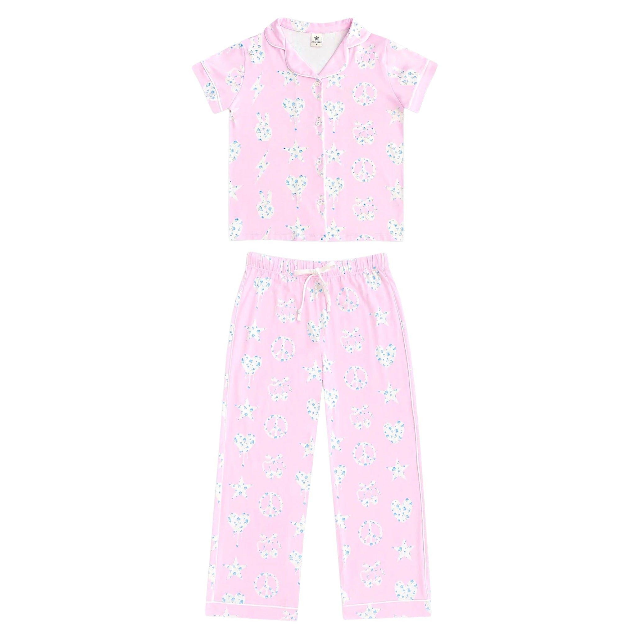 A two-piece girls' pajama set in light pink, featuring a short-sleeve button-front top and matching long pants, both decorated with a small white and light blue floral pattern.