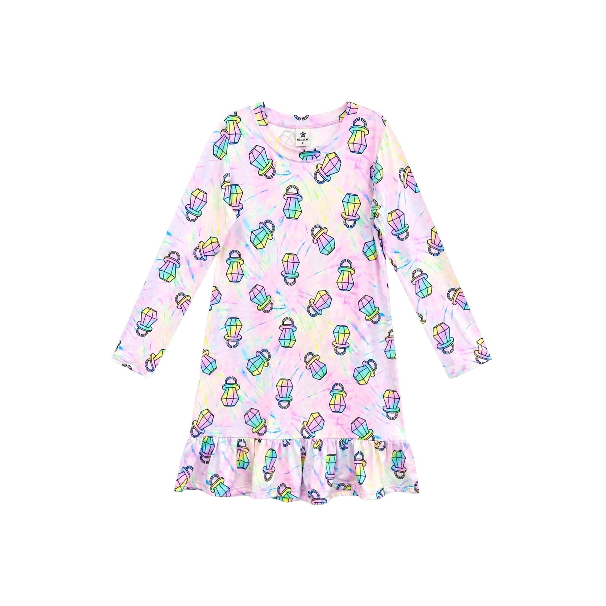 A long-sleeve baby dress with a ruffled hem, featuring an all-over print of colorful ring pops on a pastel pink and iridescent background.
