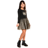 Long Sleeve Gold Bow Tulle Dress