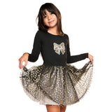 Long Sleeve Gold Bow Tulle Dress