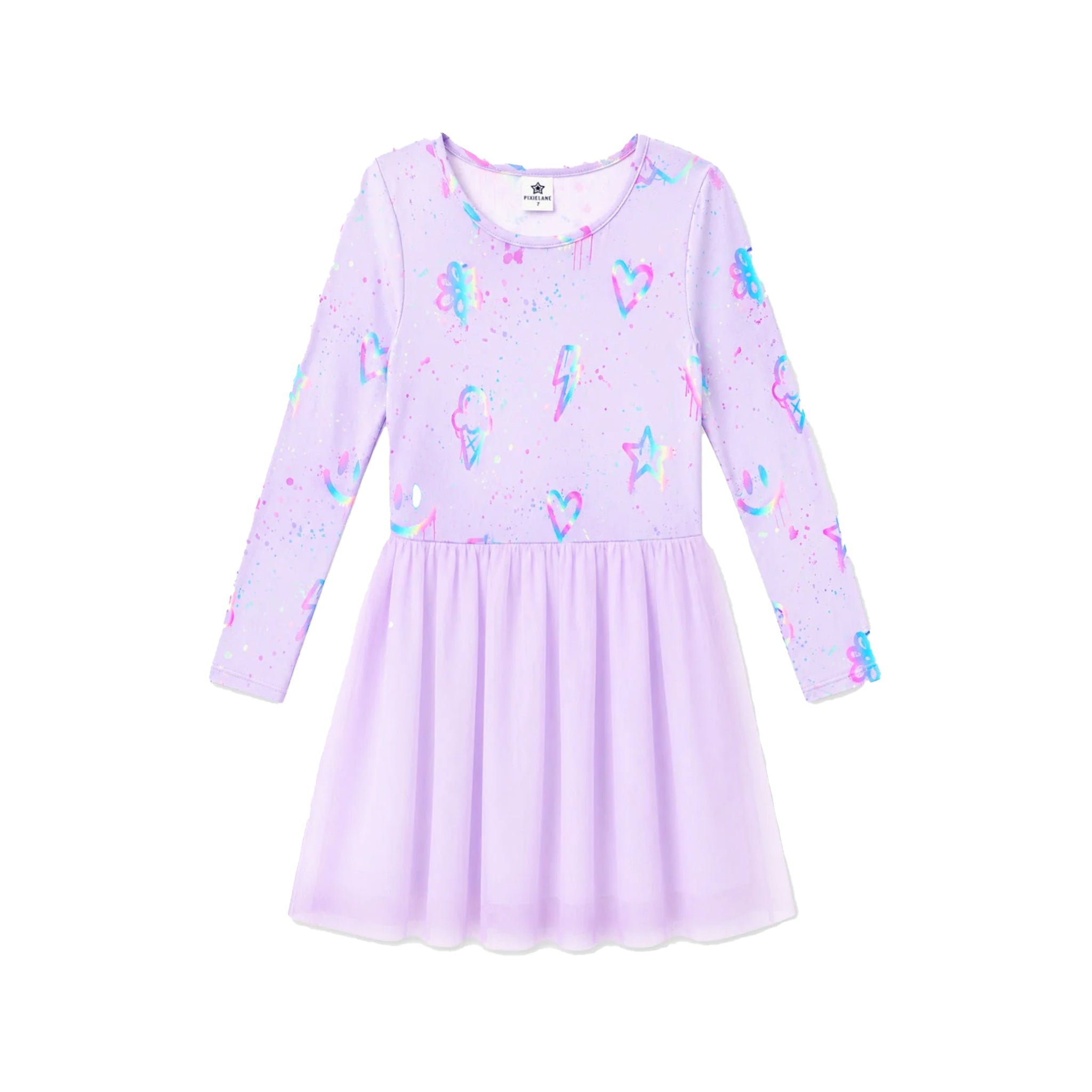 A girls' long-sleeve dress in light lavender purple with a colorful unicorn and heart print on the bodice, featuring a flared skirt, shown against a plain white background.