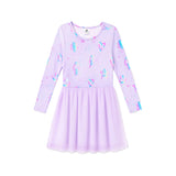 A girls' long-sleeve dress in light lavender purple with a colorful unicorn and heart print on the bodice, featuring a flared skirt, shown against a plain white background.
