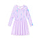 A girls' long-sleeve dress in light lavender purple with a colorful unicorn and heart print on the bodice, featuring a flared skirt, shown against a plain white background.