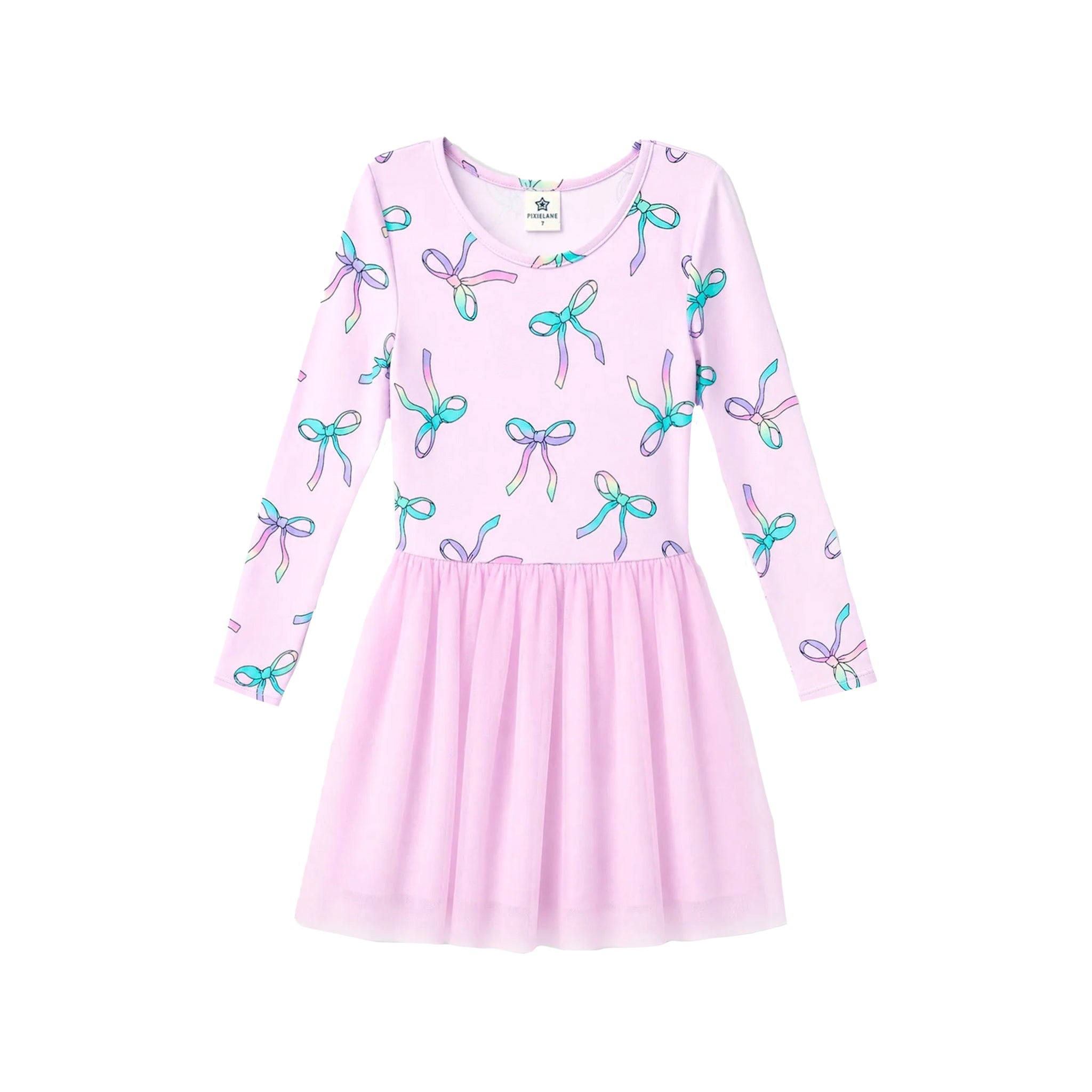 A girls' long-sleeve dress in light pink with an allover bow print in pastel shades of blue, purple, and green, featuring a gathered tulle skirt.