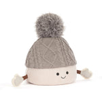 A plush marshmellow with a gray cable-knit top, a cream ribbed bottom, a gray pom-pom, and small fabric hands and feet, shown on a white background.
