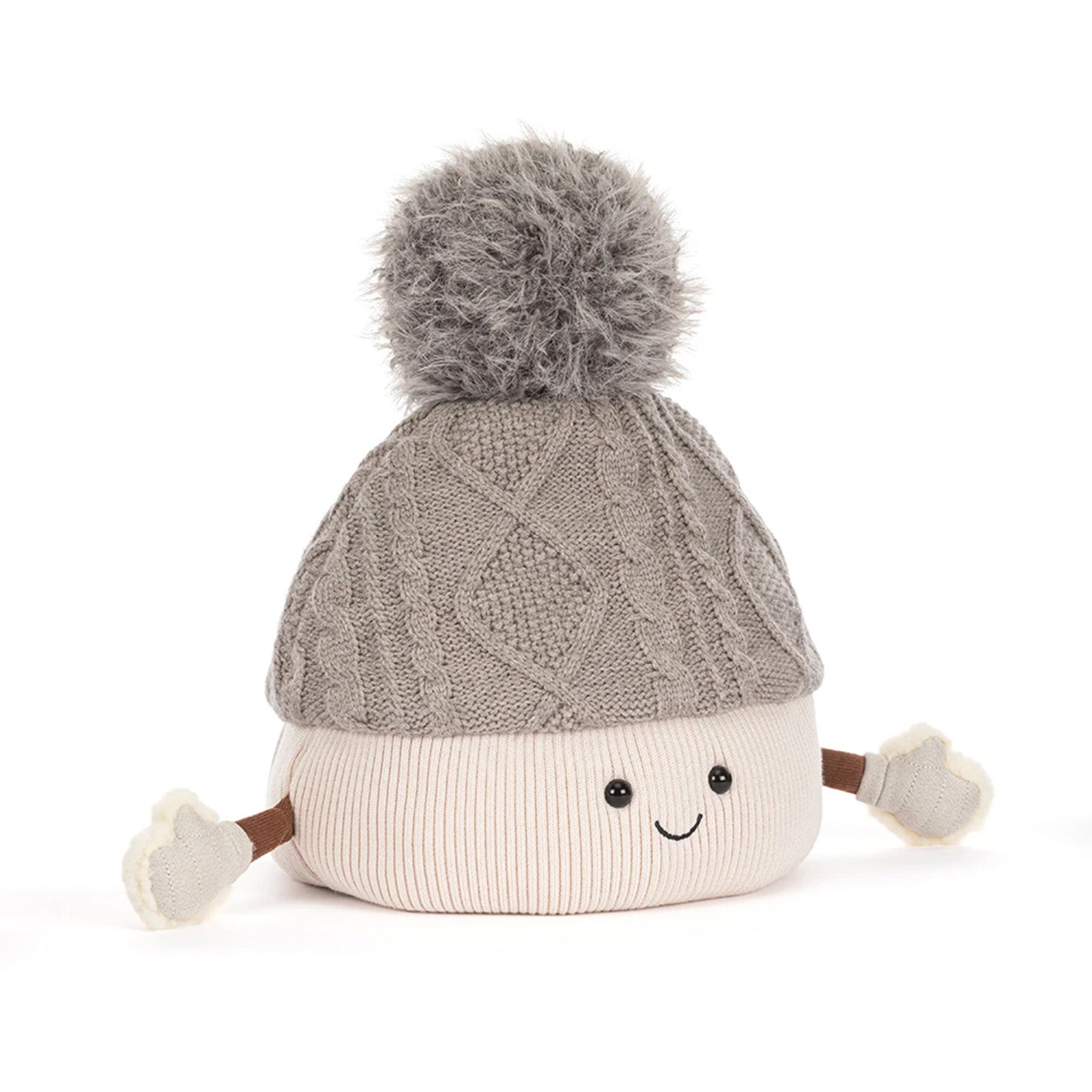 A plush marshmellow with a gray cable-knit top, a cream ribbed bottom, a gray pom-pom, and small fabric hands and feet, shown on a white background.