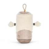 A JELLYCAT plush sheep bootie toy on a clean white background. The toy features a cream-colored fluffy fleece body, brown fabric arms with pom-pom ends, a beige lower body, and a tan hanging loop at the top.