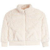 A cream-colored, textured faux-fur zip-up jacket with ribbed knit cuffs and hem, displayed on a solid white background.