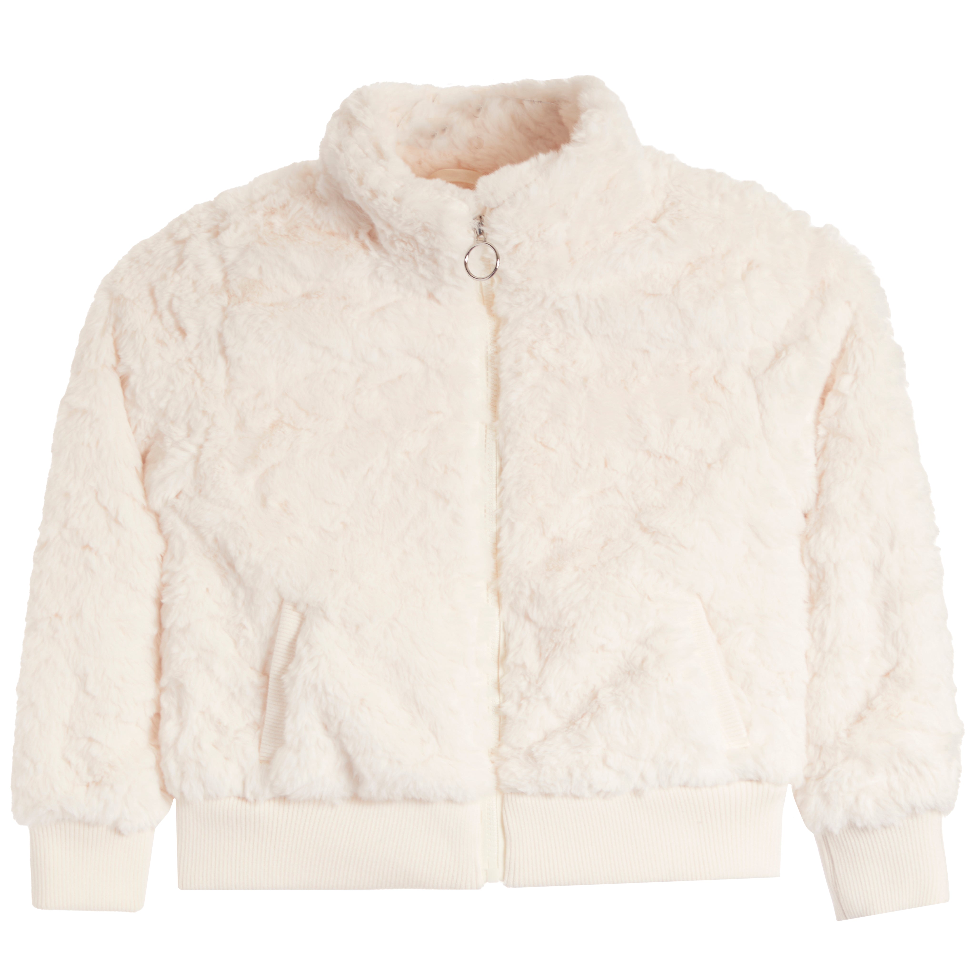A cream-colored, textured faux-fur zip-up jacket with ribbed knit cuffs and hem, displayed on a solid white background.