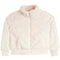 A cream-colored, textured faux-fur zip-up jacket with ribbed knit cuffs and hem, displayed on a solid white background.