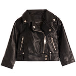 A black faux leather moto jacket with silver-tone hardware, displayed flat against a solid white background. The jacket features a pointed collar, asymmetrical zipper closure, and zippered pockets.