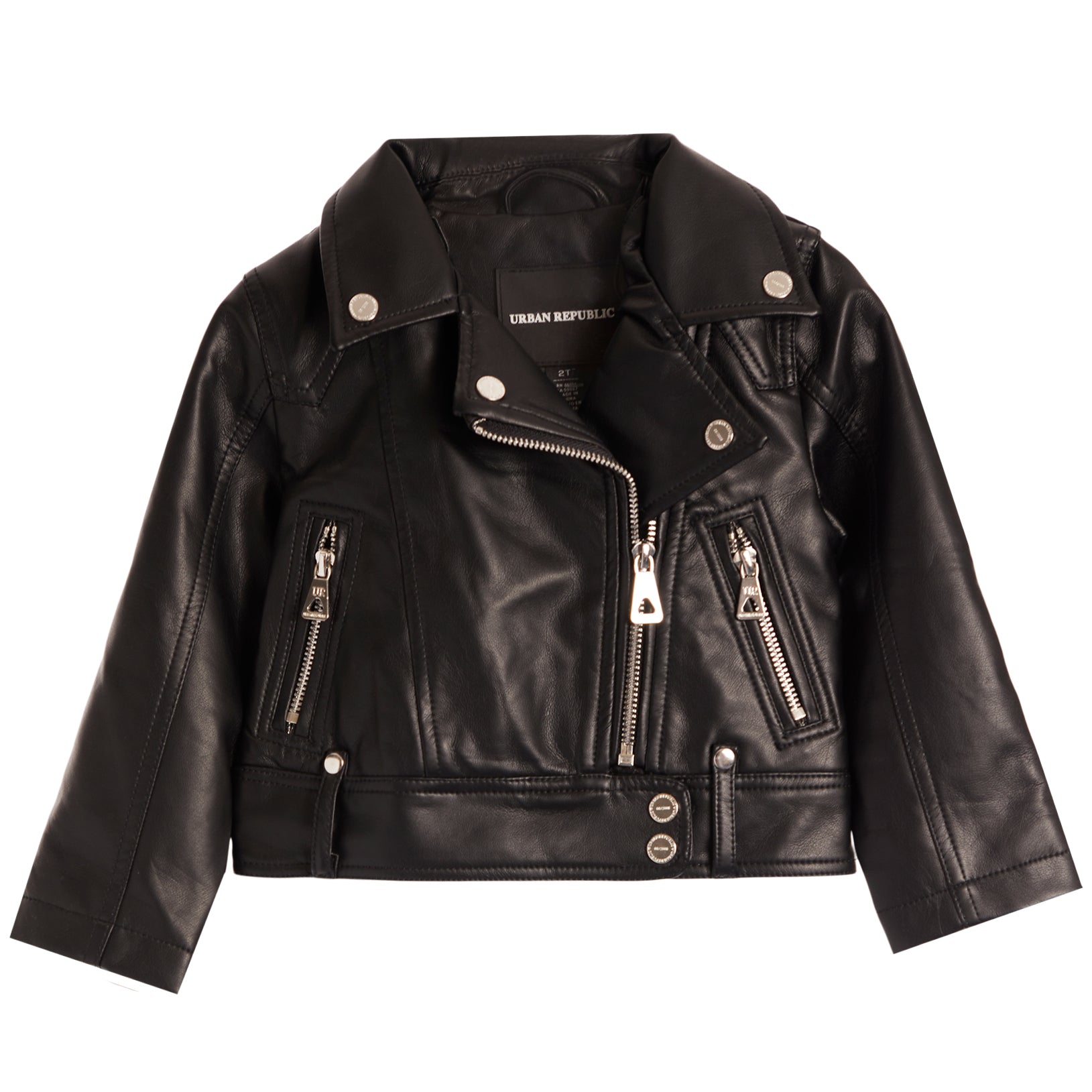A black faux leather moto jacket with silver-tone hardware, displayed flat against a solid white background. The jacket features a pointed collar, asymmetrical zipper closure, and zippered pockets.