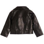 A black faux leather moto jacket shown from the back, featuring a collar, long sleeves, and silver snap buttons at the waist, set against a plain white background.