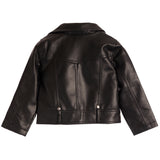 A black faux leather moto jacket shown from the back, featuring a collar, long sleeves, and silver snap buttons at the waist, set against a plain white background.
