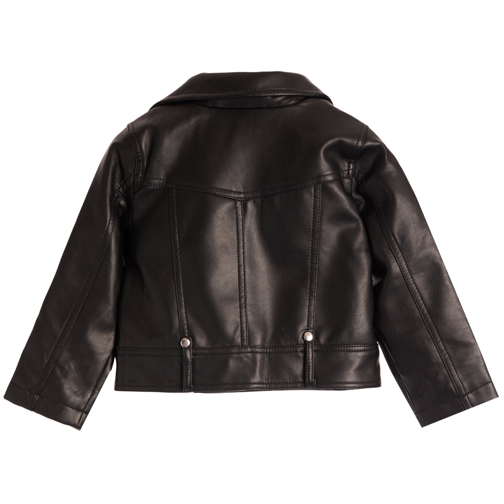 A black faux leather moto jacket shown from the back, featuring a collar, long sleeves, and silver snap buttons at the waist, set against a plain white background.