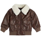 A brown faux-leather aviator jacket with a thick cream-colored shearling collar, ribbed cuffs, and a front zipper closure, shown against a plain white background.