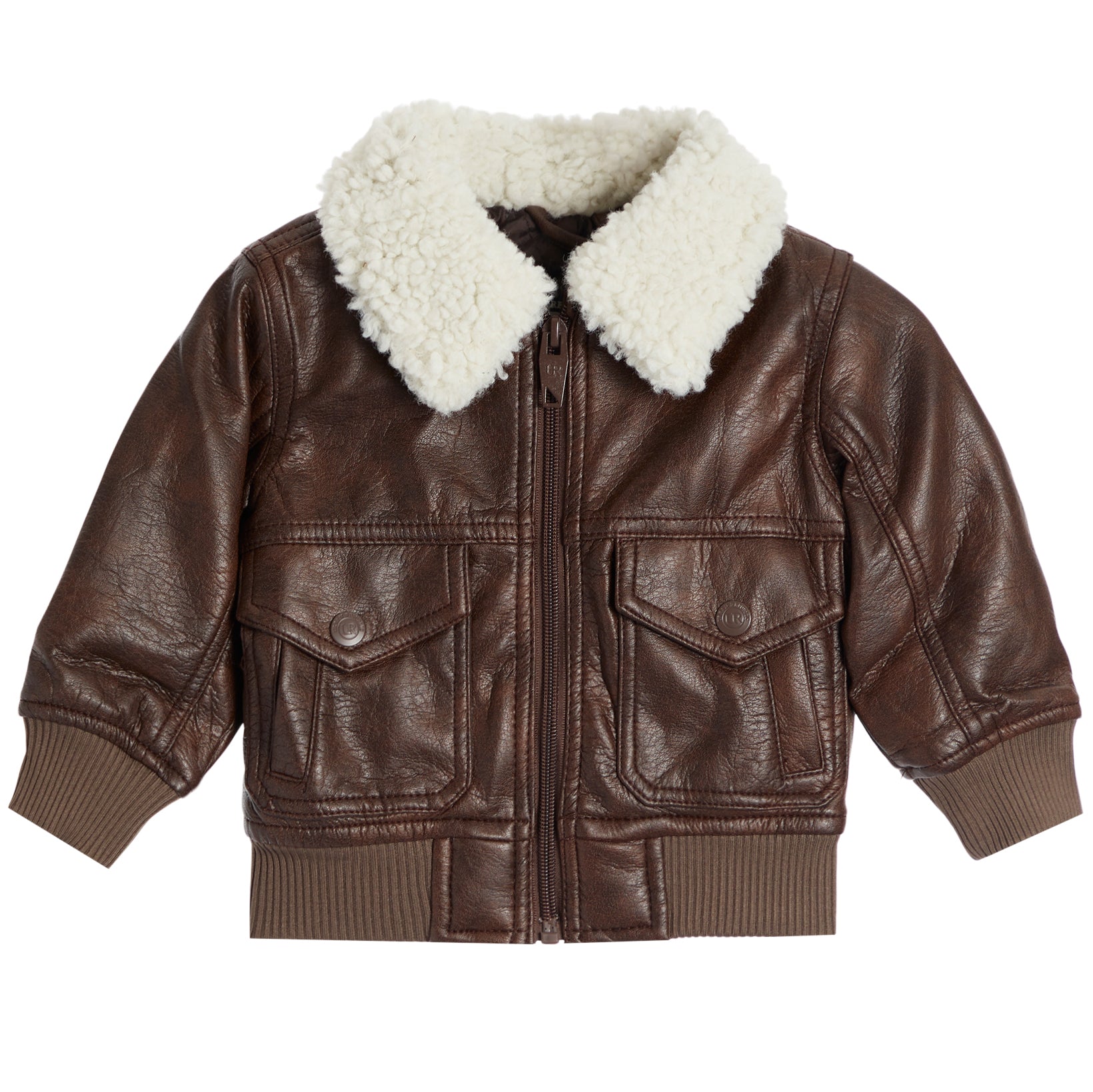 A brown faux-leather aviator jacket with a thick cream-colored shearling collar, ribbed cuffs, and a front zipper closure, shown against a plain white background.