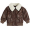 A brown faux-leather aviator jacket with a thick cream-colored shearling collar, ribbed cuffs, and a front zipper closure, shown against a plain white background.