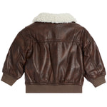 A brown faux-leather bomber jacket with a cream-colored sherpa lining on the collar, shown from the back against a plain white background.