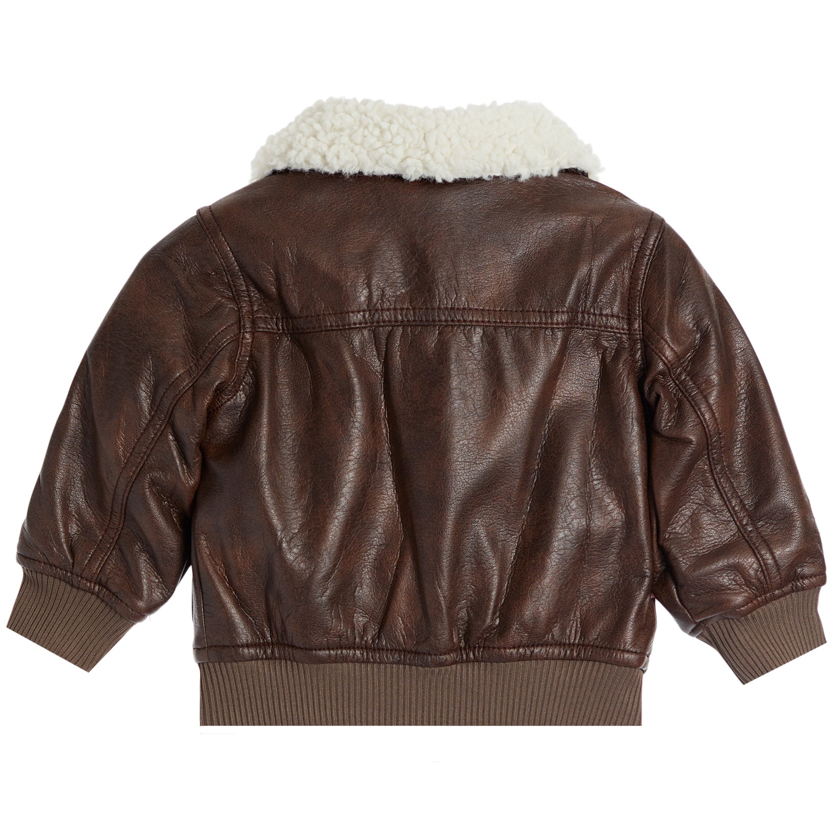 A brown faux-leather bomber jacket with a cream-colored sherpa lining on the collar, shown from the back against a plain white background.
