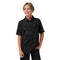 A young boy modeling a black short-sleeve button-up shirt with a subtle light gray leaf pattern, paired with black pants, against a solid white background.