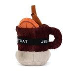 A plush novelty mug toy featuring a dark burgundy fuzzy handle, a black band with white text reading 'JELLYCAT'
