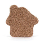 A brown textured house-shaped plush toy on a clean white background.