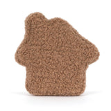 A brown textured house-shaped plush toy on a clean white background.