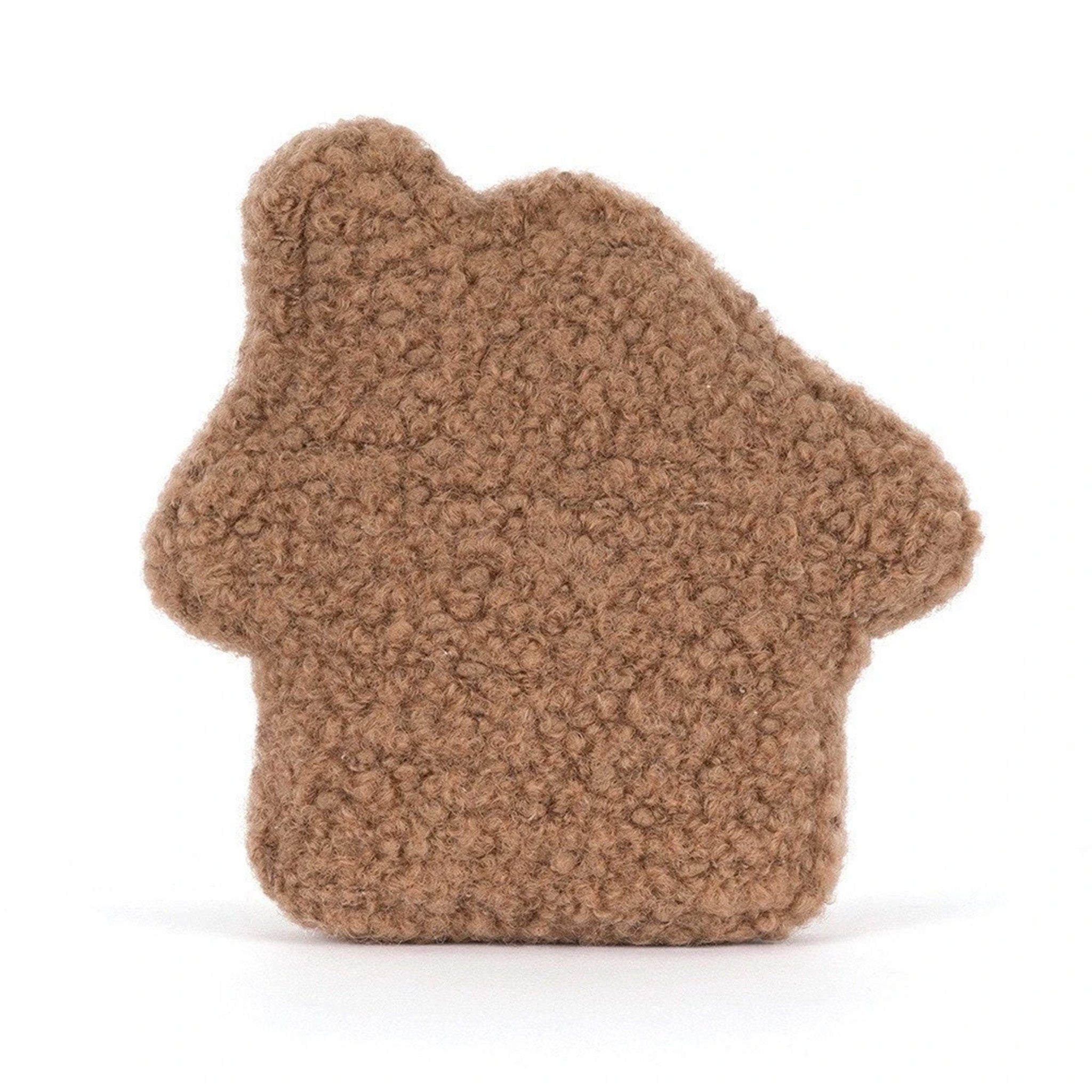 A brown textured house-shaped plush toy on a clean white background.