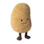 A plush potato character toy with a soft, fuzzy tan-brown body, embroidered black eyes and smile, and small dark brown legs, shown on a plain white background.