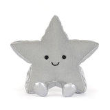 A silver glittery star-shaped plush toy with a cute embroidered smiley face, sitting against a plain white background.