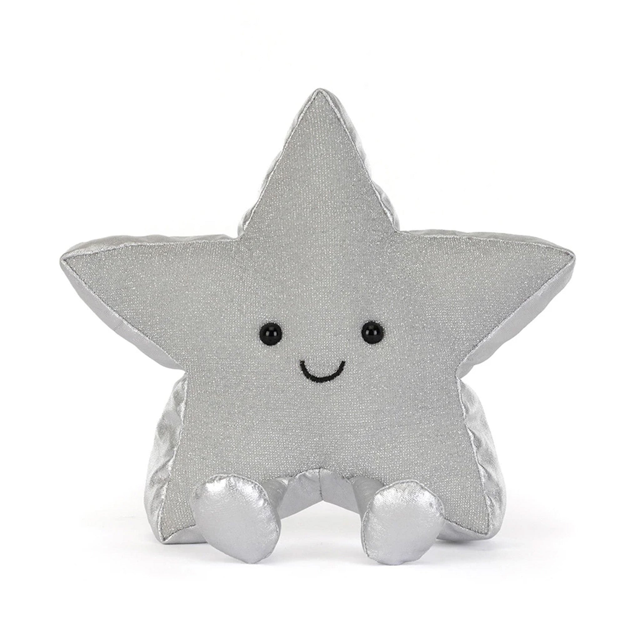 A silver glittery star-shaped plush toy with a cute embroidered smiley face, sitting against a plain white background.