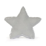 A five-pointed star-shaped decorative pillow in a textured silver fabric, photographed against a seamless white background.
