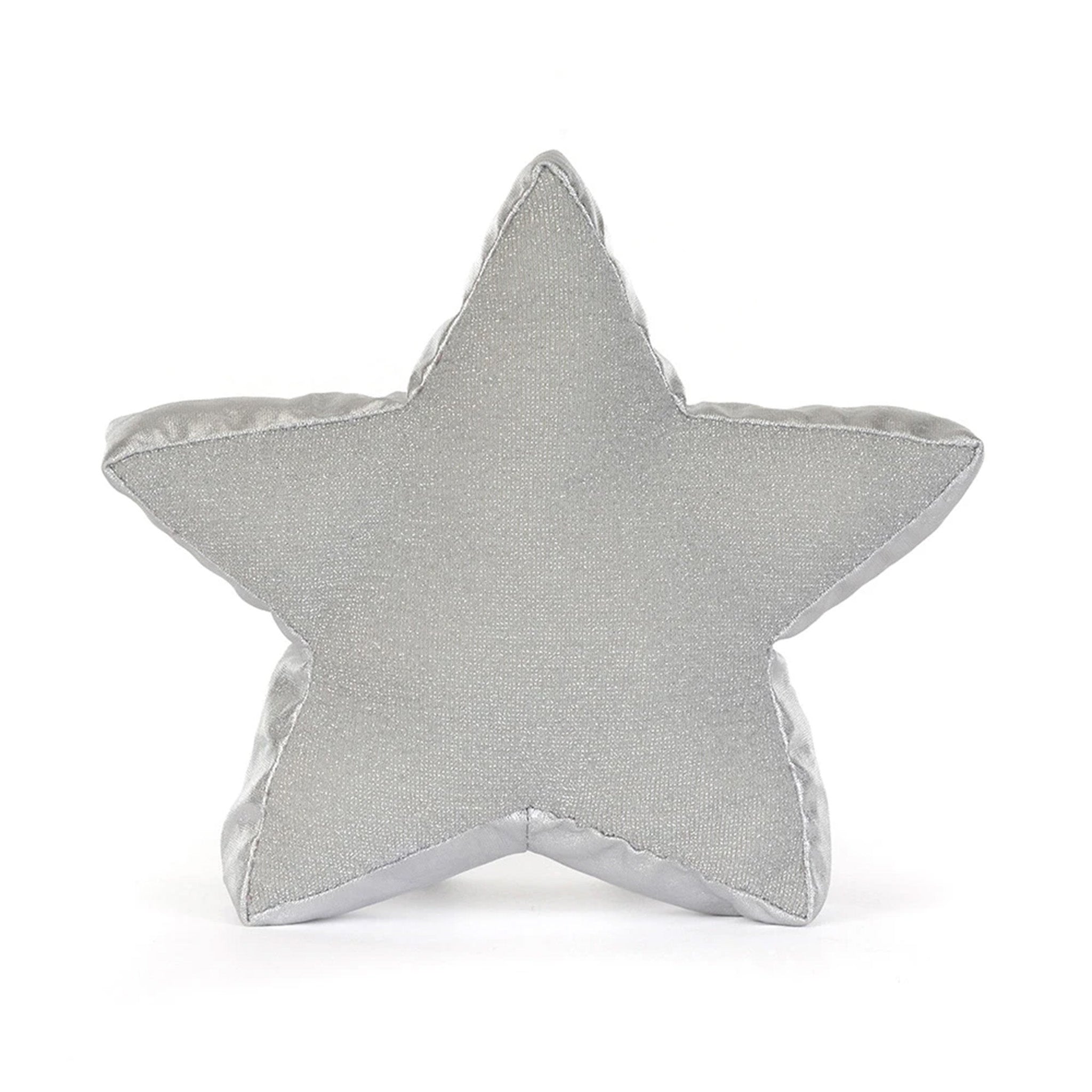 A five-pointed star-shaped decorative pillow in a textured silver fabric, photographed against a seamless white background.