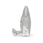 A silver plush whale toy shown from the side on a clean white background.